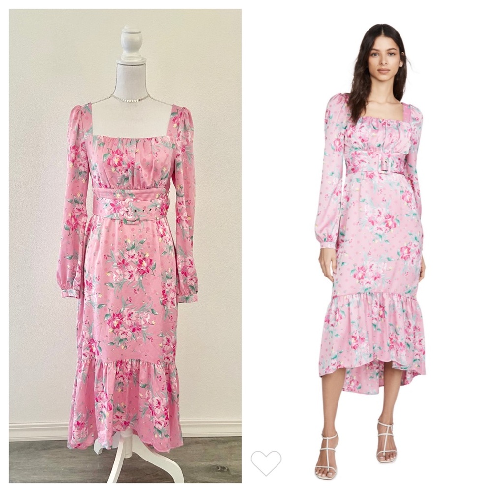 WAYF pink floral midi dress Belted Bustier puff sleeve size M